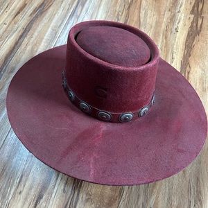 Chic Maroon Wide-Brim Hat with Silver Accents